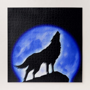 Wolf Fullmoon & Blue Night - Wild Animals Art Jigsaw Puzzle
