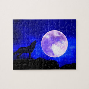 Wolf Fullmoon & Blue Night - Wild Animals Art Jigsaw Puzzle
