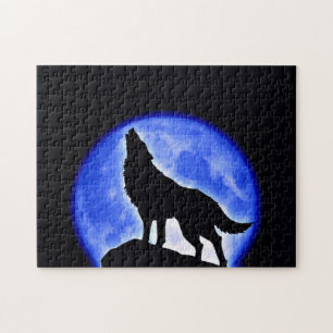 Wolf Fullmoon & Blue Night - Wild Animals Art Jigsaw Puzzle