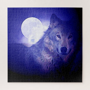 Wolf Fullmoon & Blue Night - Wild Animals Art Jigsaw Puzzle