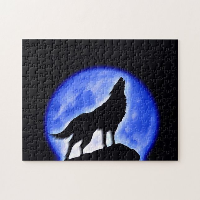 Wolf Fullmoon & Blue Night - Wild Animals Art Jigsaw Puzzle (Horizontal)