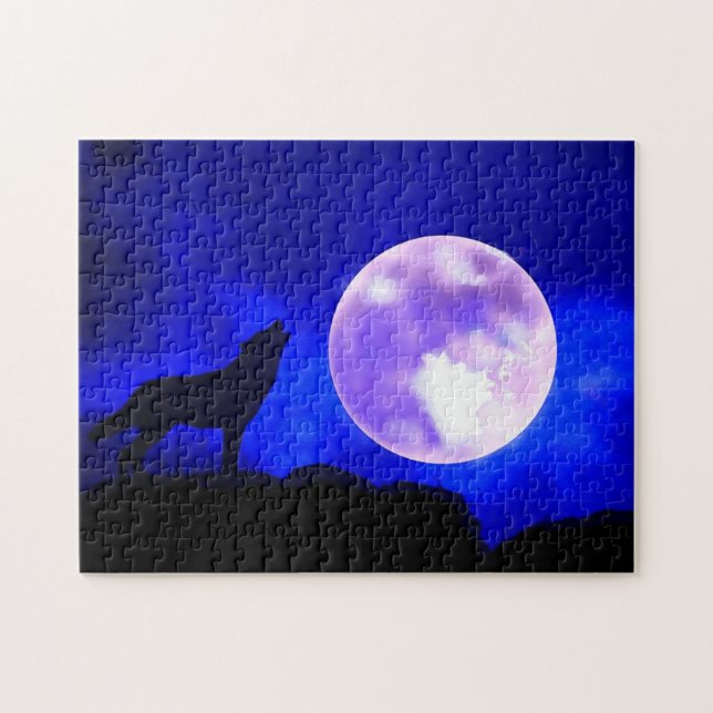Wolf Fullmoon & Blue Night - Wild Animals Art Jigsaw Puzzle (Horizontal)