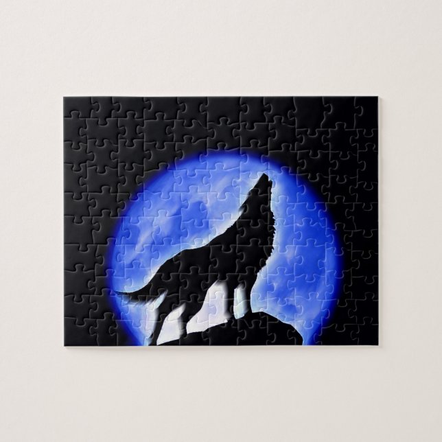 Wolf Fullmoon & Blue Night - Wild Animals Art Jigsaw Puzzle (Horizontal)
