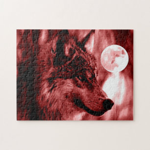 Wolf Fullmoon & Red Night - Wild Animals Art Jigsaw Puzzle