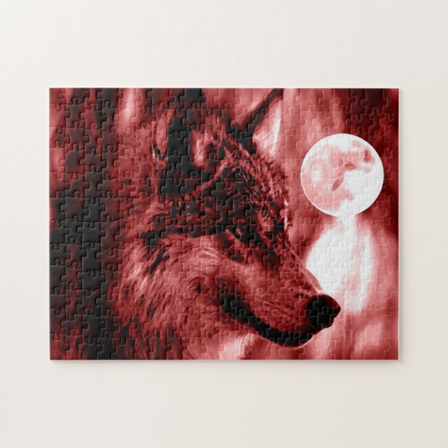 Wolf Fullmoon & Red Night - Wild Animals Art Jigsaw Puzzle (Horizontal)