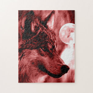 Wolf Fullmoon & Red Night - Wild Animals Art Jigsaw Puzzle