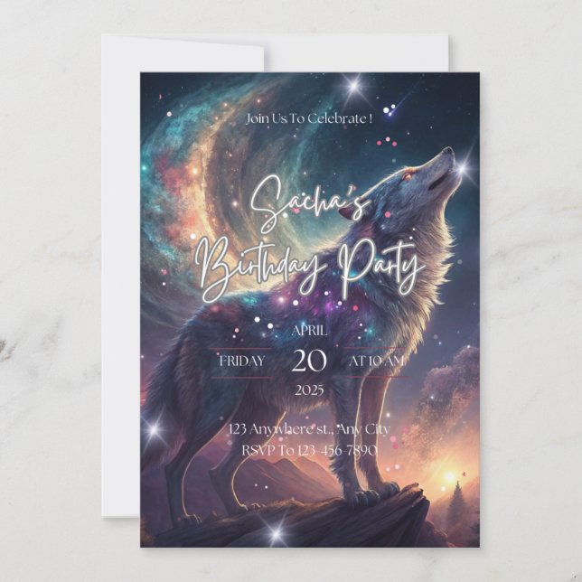 Wolf Galaxy Stars Cosmic Birthday Party  Invitation (Front)
