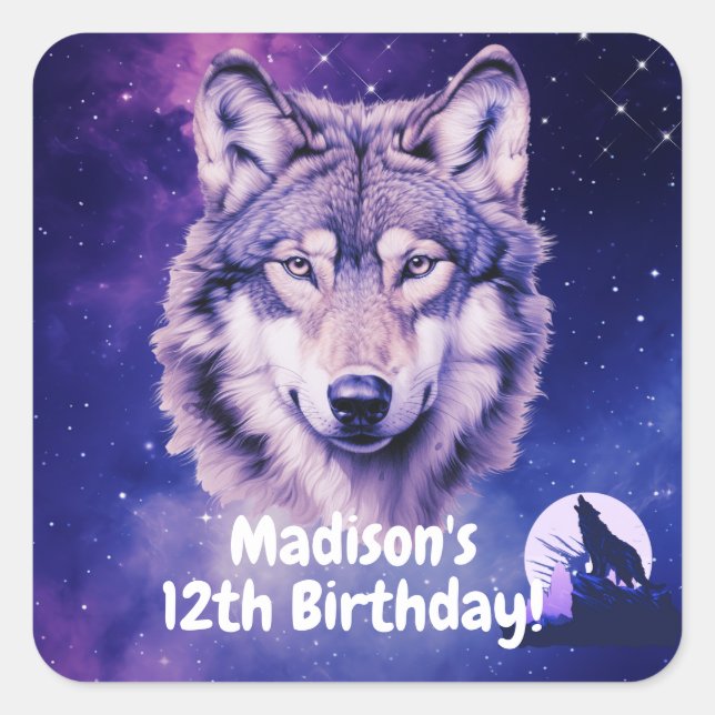 Wolf Galaxy Stars Cosmic Birthday Party  Square Sticker (Front)