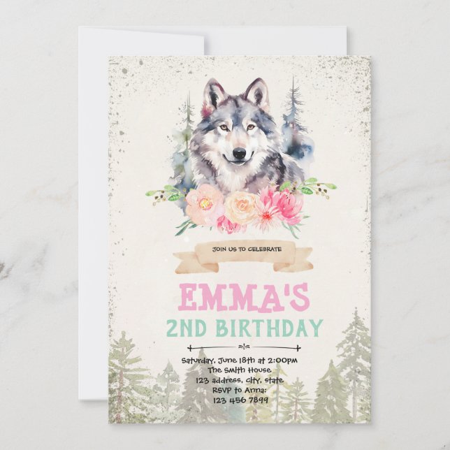 Wolf girl birthday party invitation (Front)