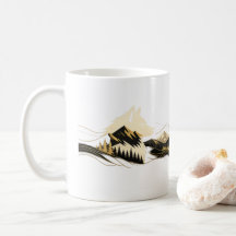 Wolf Golden Line Art Mountain Scene Mug
