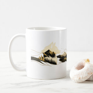 Wolf Golden Line Art Mountain Scene Mug