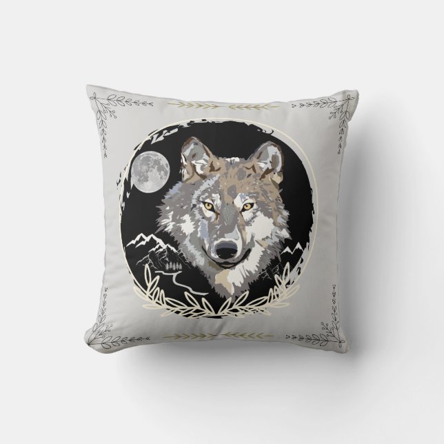 Wolf Grey Black Throw Pillow (Front)