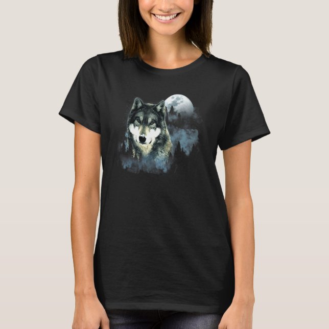 Wolf  Grey Wolf Hunting Ground Icy Moon Forest Gal T-Shirt (Front)