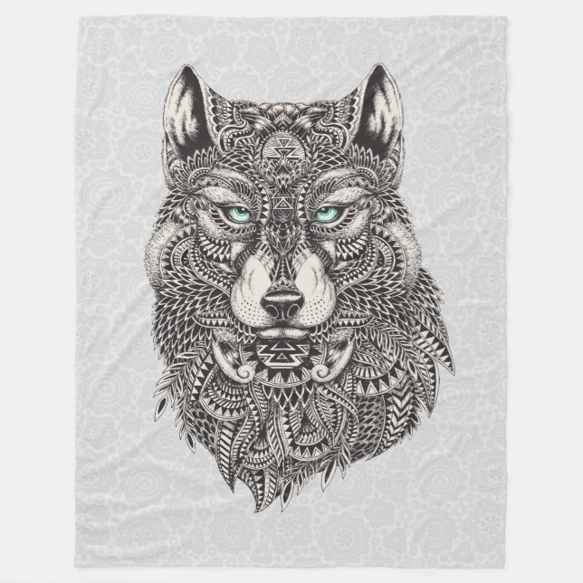 Wolf Head Detailed Abstract Illustration Fleece Blanket (Front)