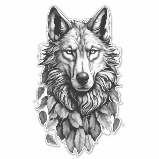 wolf head leaves animal original art drawing (Front)