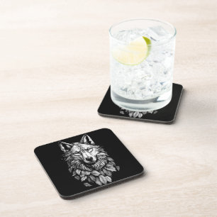 wolf head leaves animal original art drawing coaster