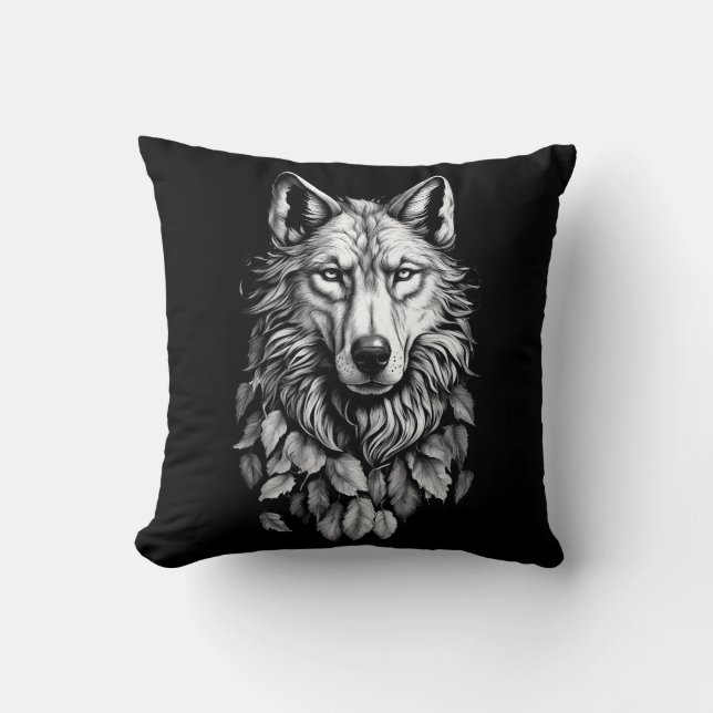 wolf head leaves animal original art drawing cushion (Front)