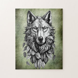 wolf head leaves animal original art drawing jigsaw puzzle