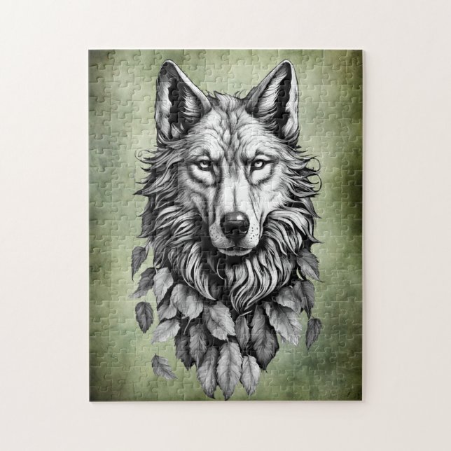 wolf head leaves animal original art drawing jigsaw puzzle (Vertical)