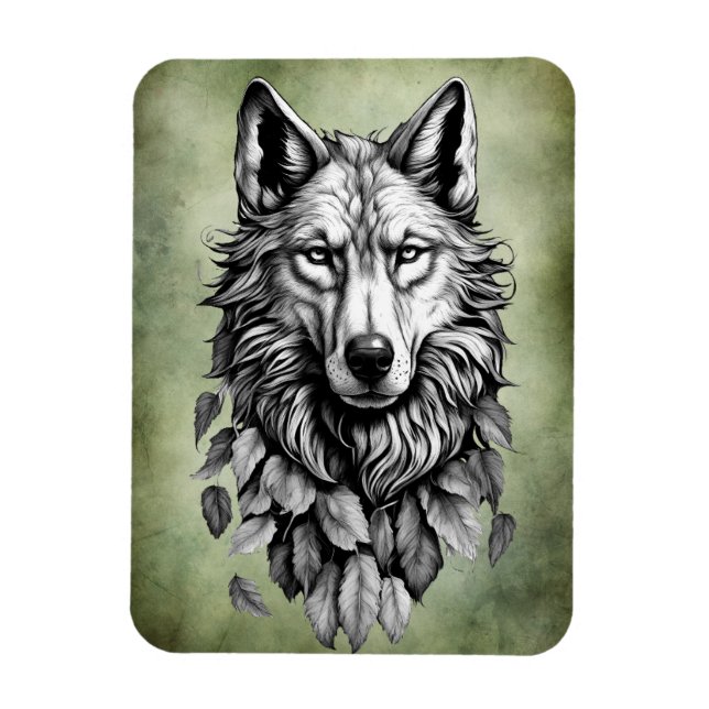 wolf head leaves animal original art drawing magnet (Vertical)