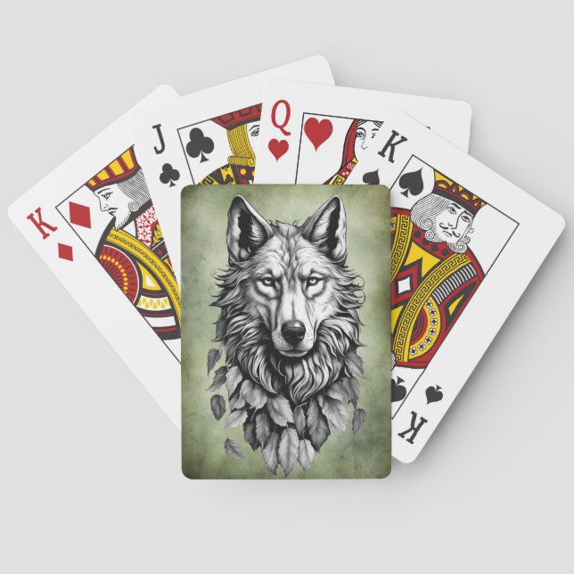 wolf head leaves animal original art drawing playing cards (Back)