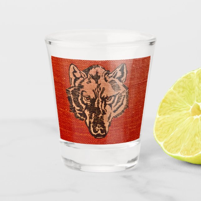 Wolf Head on Red  Shot Glass (Front)