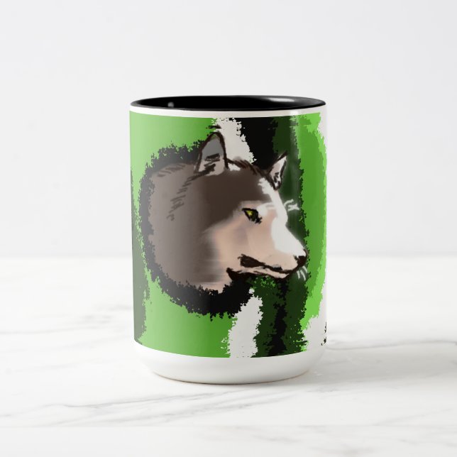 wolf head peaking in the bushes Two-Tone coffee mug (Center)