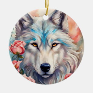 wolf head pink roses animal wildlife painting ceramic ornament
