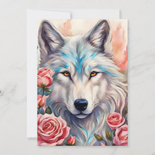 wolf head pink roses animal wildlife painting holiday card