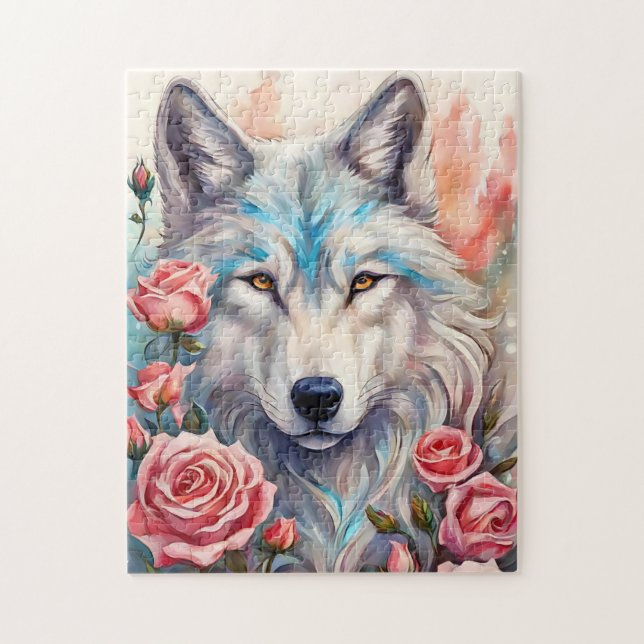 wolf head pink roses animal wildlife painting jigsaw puzzle (Vertical)