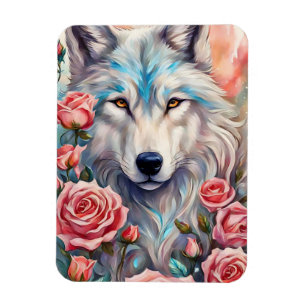 wolf head pink roses animal wildlife painting magnet