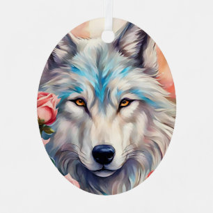 wolf head pink roses animal wildlife painting metal tree decoration