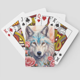 wolf head pink roses animal wildlife painting playing cards