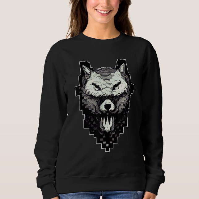 Wolf Head Pixel 8 Bit Retro Video Game Sweatshirt (Front)