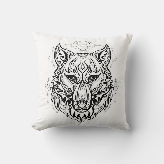 Wolf head with ethnic decorations cushion (Front)