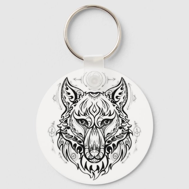 Wolf head with ethnic decorations  key ring (Front)