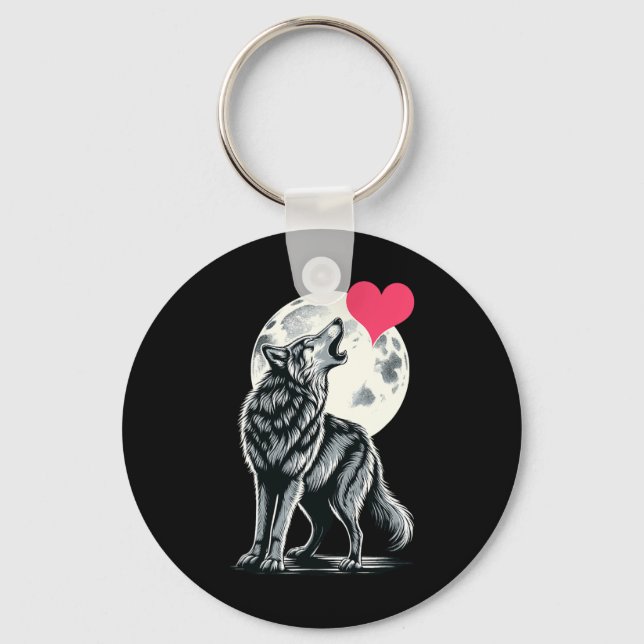 Wolf Holding Heart Valentine's Day Cute Wolves Val Key Ring (Front)