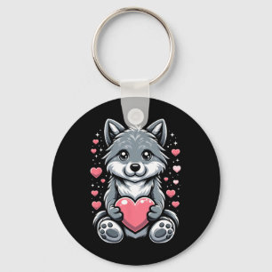 Wolf Holding Heart Valentine's Day Cute Wolves Val Key Ring
