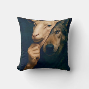 Wolf holding up a sheep mask cushion