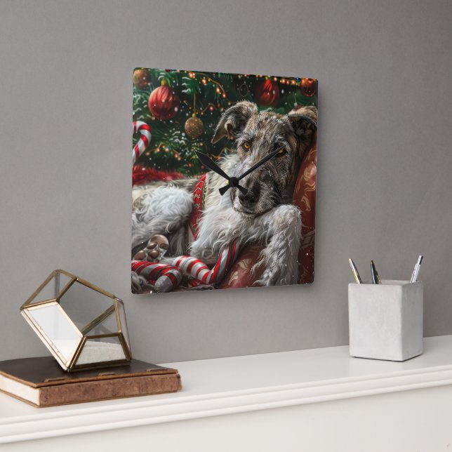 Wolf Hound Dog Christmas Festive Square Wall Clock (Office)