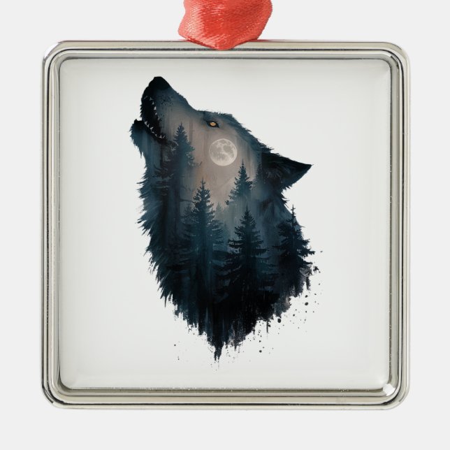 Wolf Howl Forest Moon Metal Ornament (Front)