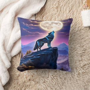 Wolf Howling at Full Moon Over Mystic Mountains Cushion