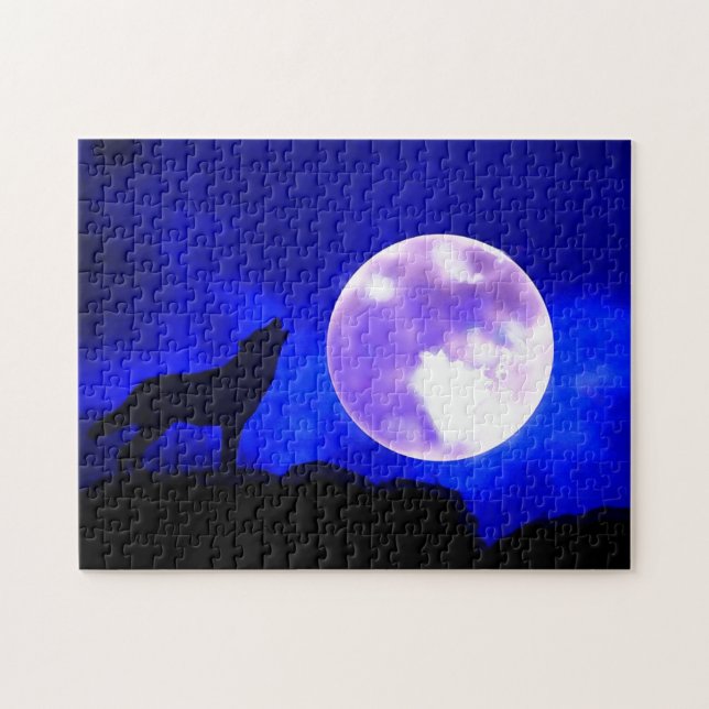 Wolf Howling at Moon Blue Night Artwork Animal Art Jigsaw Puzzle (Horizontal)