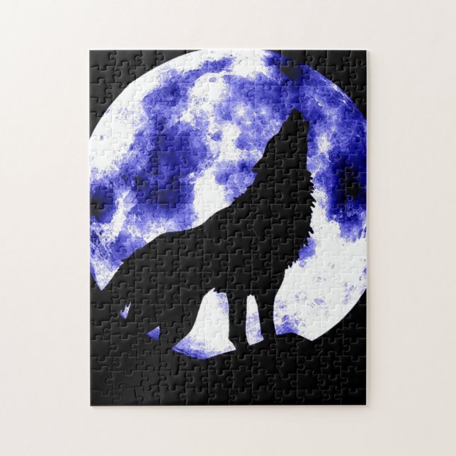 Wolf Howling at Moon Blue Nşght Fullmoon Jigsaw Puzzle (Vertical)