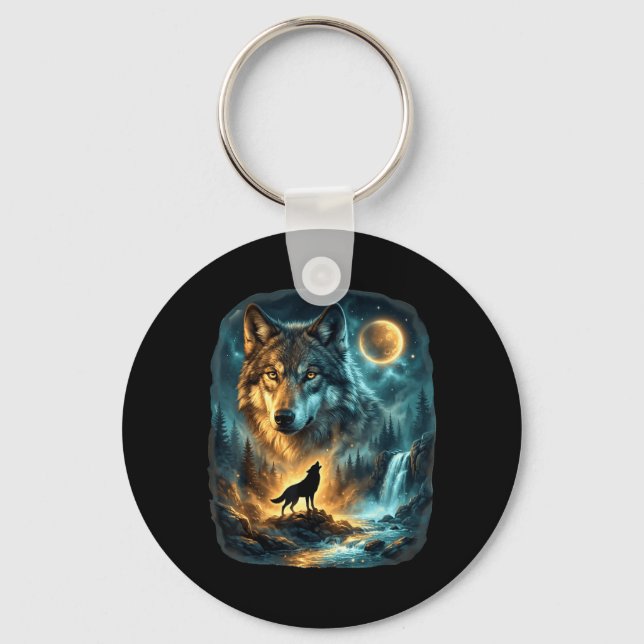 Wolf Howling at Moon Mystic Wolf Moon Forest Key Ring (Front)