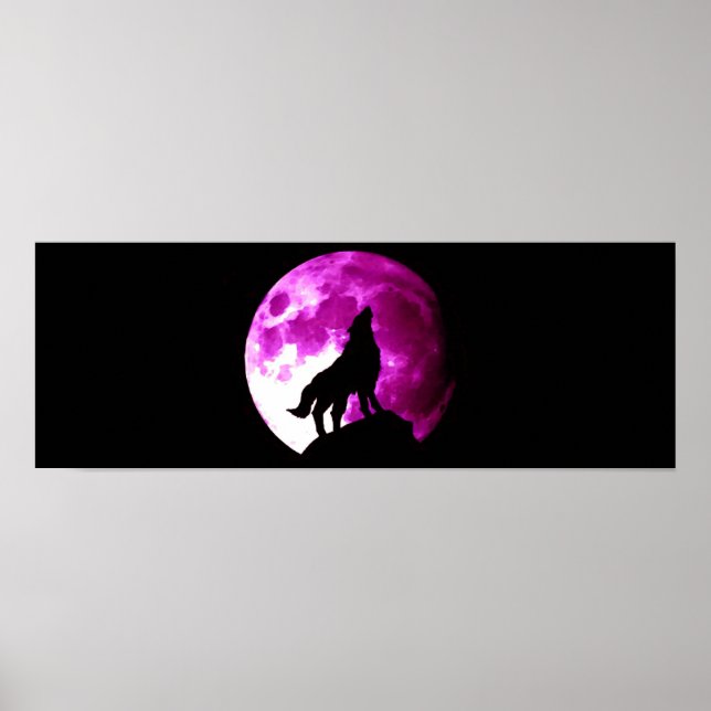 Wolf Howling at Moon Panoramic Poster Print (Front)
