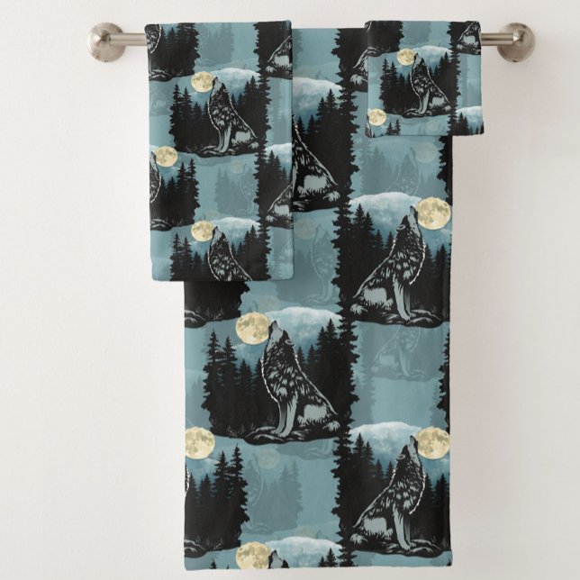 Wolf Howling At Moon Pattern Design  Bath Towel Set (Creator Uploaded)