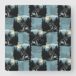 Wolf Howling At Moon Pattern Design Square Wall Clock