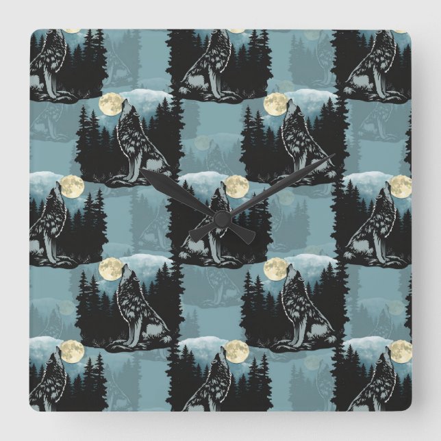 Wolf Howling At Moon Pattern Design  Square Wall Clock (Front)