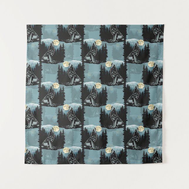 Wolf Howling At Moon Pattern Design  Tapestry (Front)